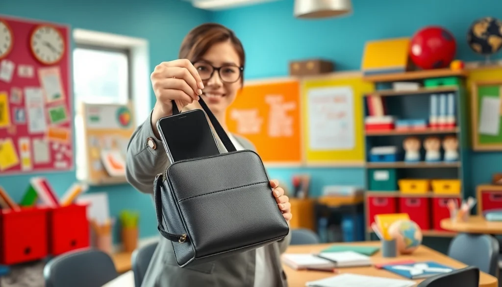 Handytasche Lehrer in einem modernen Klassenzimmer, optimal für Lehrer organisiert.